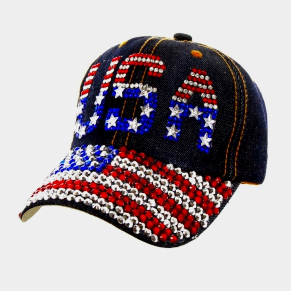 Jean USA Baseball Cap Hat Summer Memorial Day, Labor Day, Patriotic Bling NWT
